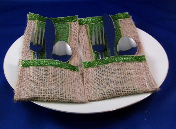 Utensil Holder - Burlap With Color Green - Set of Two