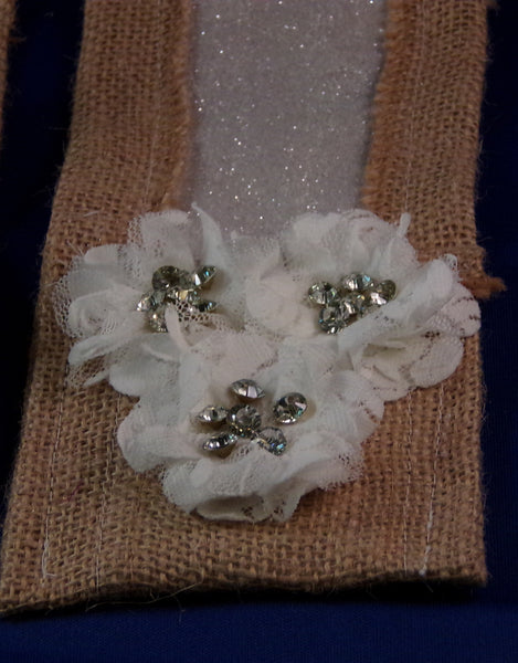 Utensil Holders - Silver Glitter White Lace Daisy Burlap - Set of Two